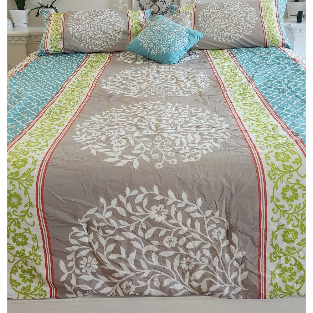5 Pc Reversible King‎ Comforter Set Floral Vine & Lattice Blue Gray Design